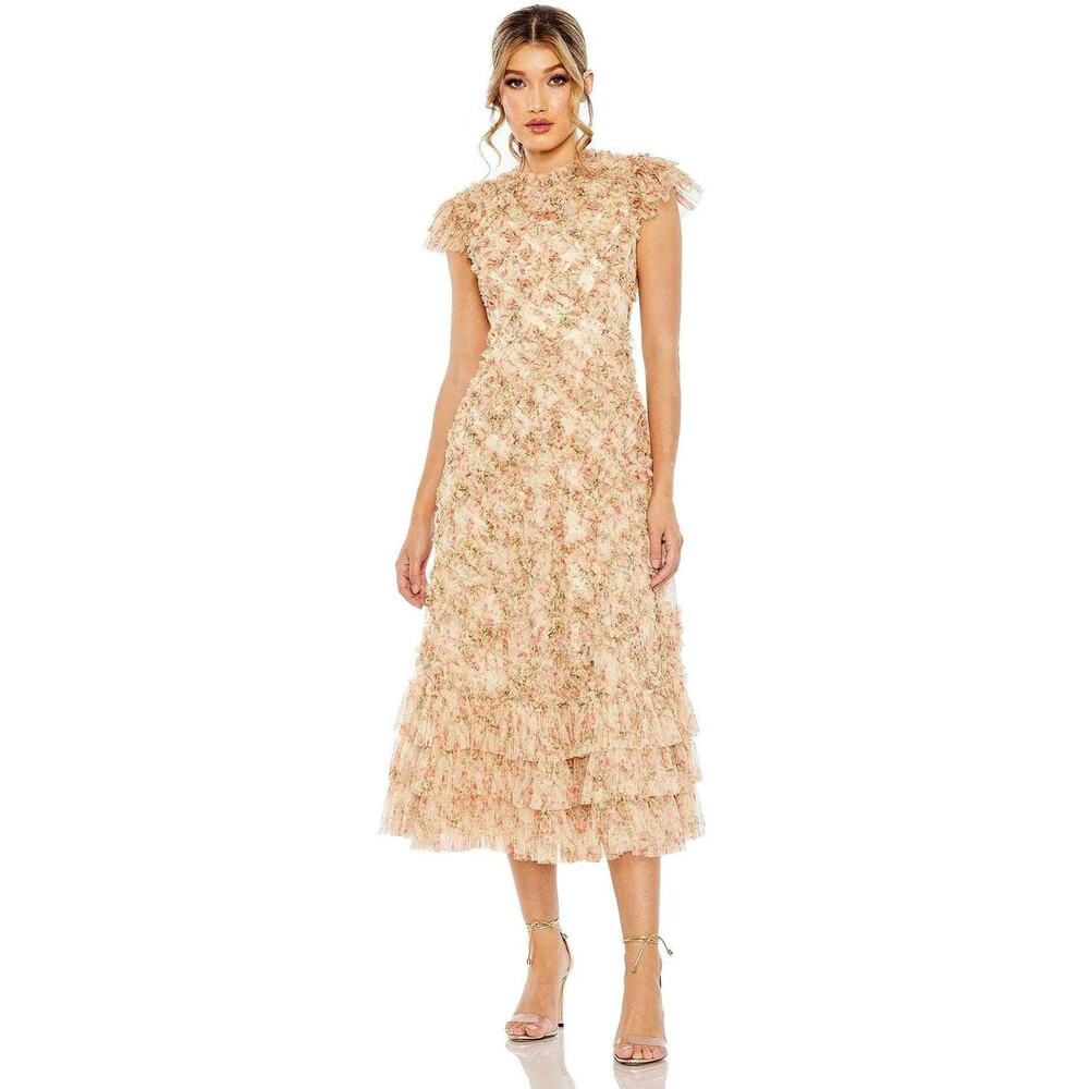 Mac Duggal 8060 Chiffon Ruffle Tiered Short Sleeve A Line Dress Sz 2 NWOT